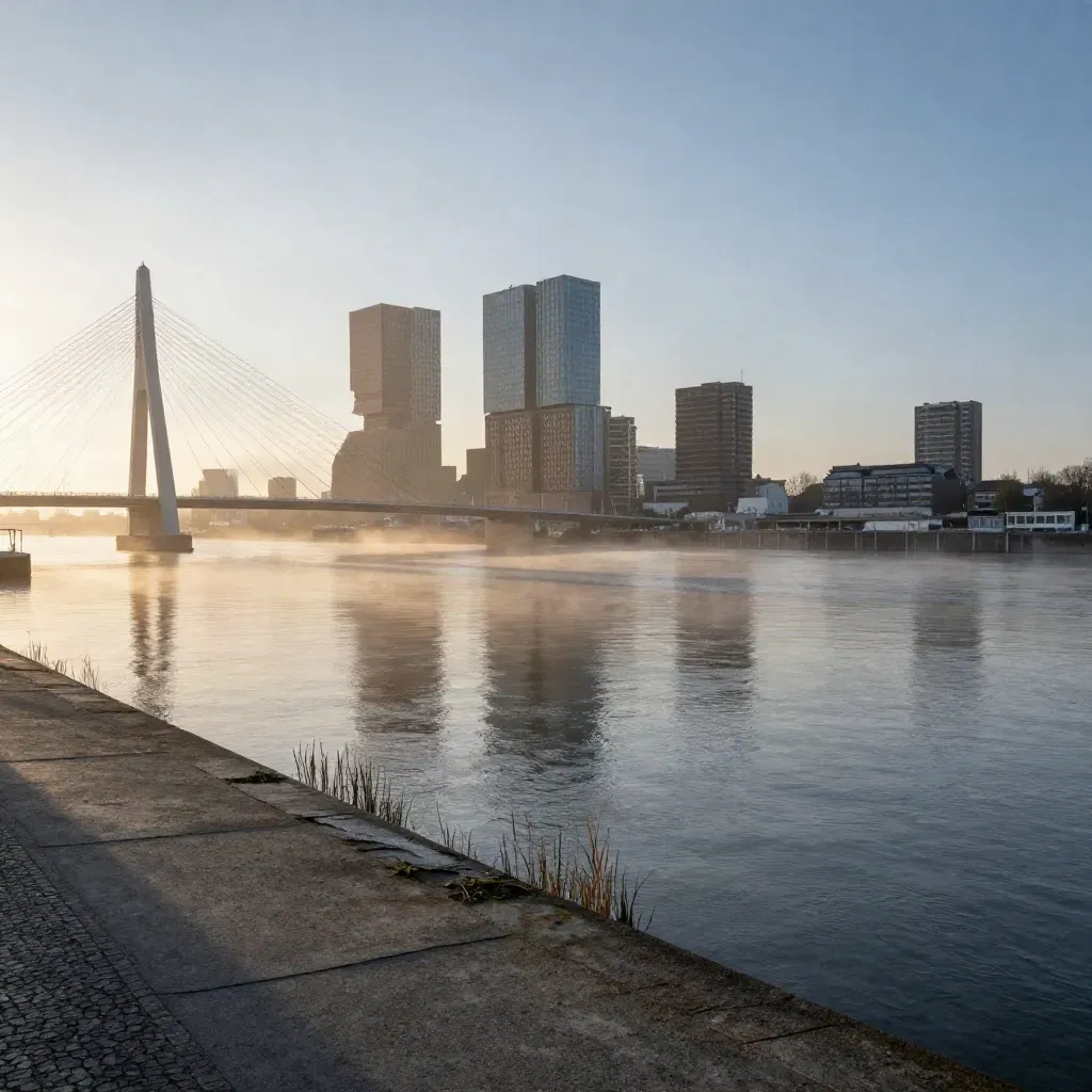 Rotterdam skyline en Maasbruggen in warm ochtendlicht boven een rustige rivier.