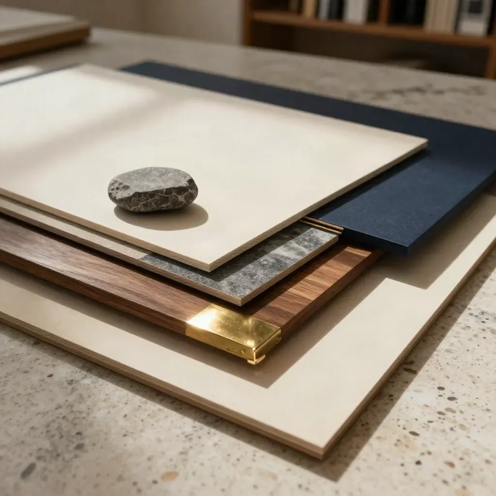 Bovenaanzicht van waarderingsmaterialen met steen, messing en donkerblauwe accenten in een premium setting.