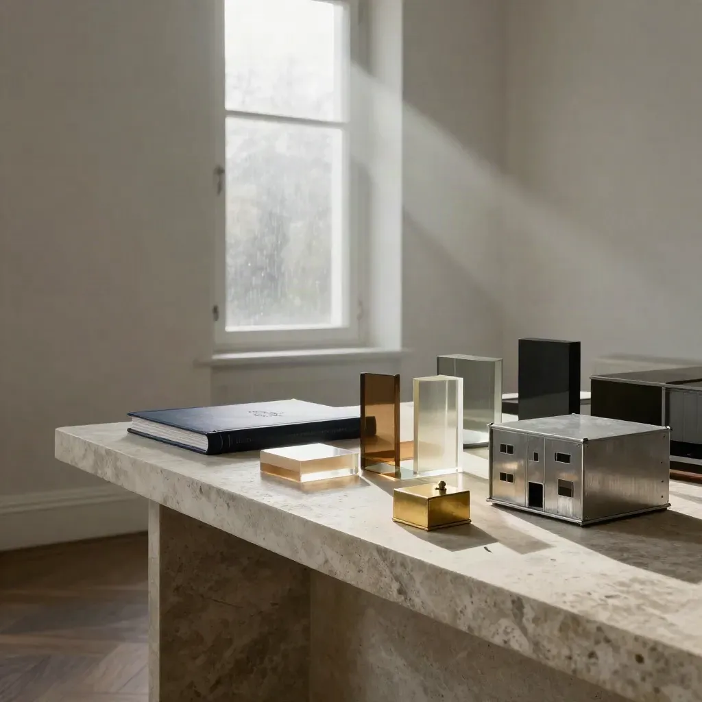 Luxe adviesruimte met kapitaalblokken, dossier en model op stenen credenza in sfeervol ochtendlicht.