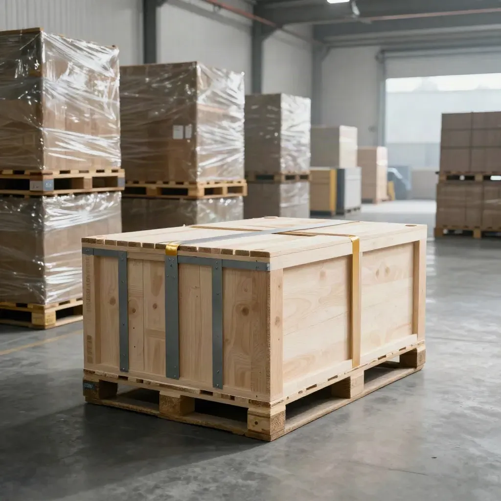 Laag standpunt in een magazijn met pallets, dozen en een machinekist bij het laadperron.
