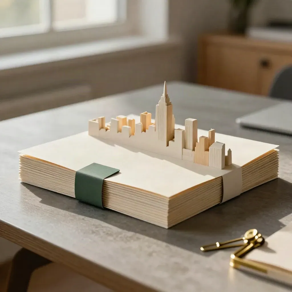 Pitchdeckbundel met skyline-model en messing clip op een essen oppervlak in zacht daglicht.