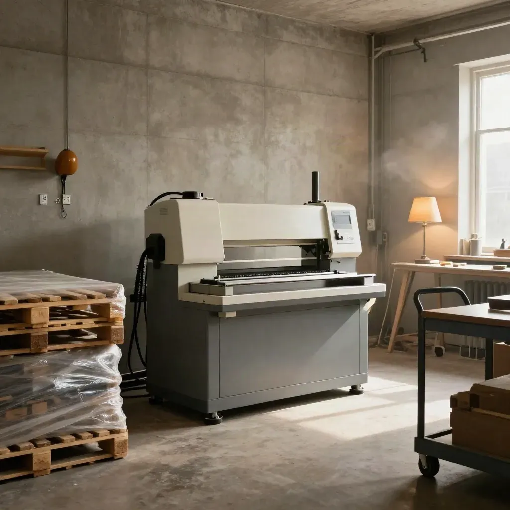 Werkplaats met nieuwe machine, kabels en pallets in warm namiddaglicht.