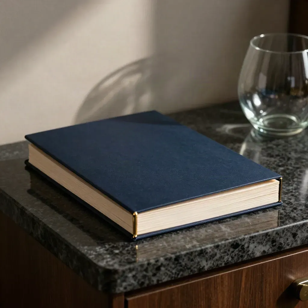 Investeringsmemorandum met navy cover, crème pagina’s en brass clip op een glazen object.