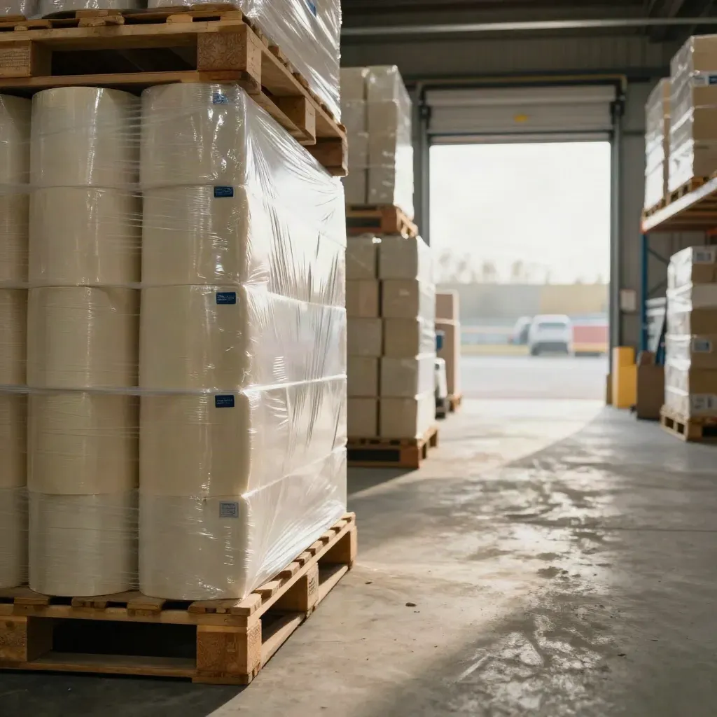 Magazijngang met nieuwe voorraad, strak verpakte pallets en een open laadperron in zacht daglicht.