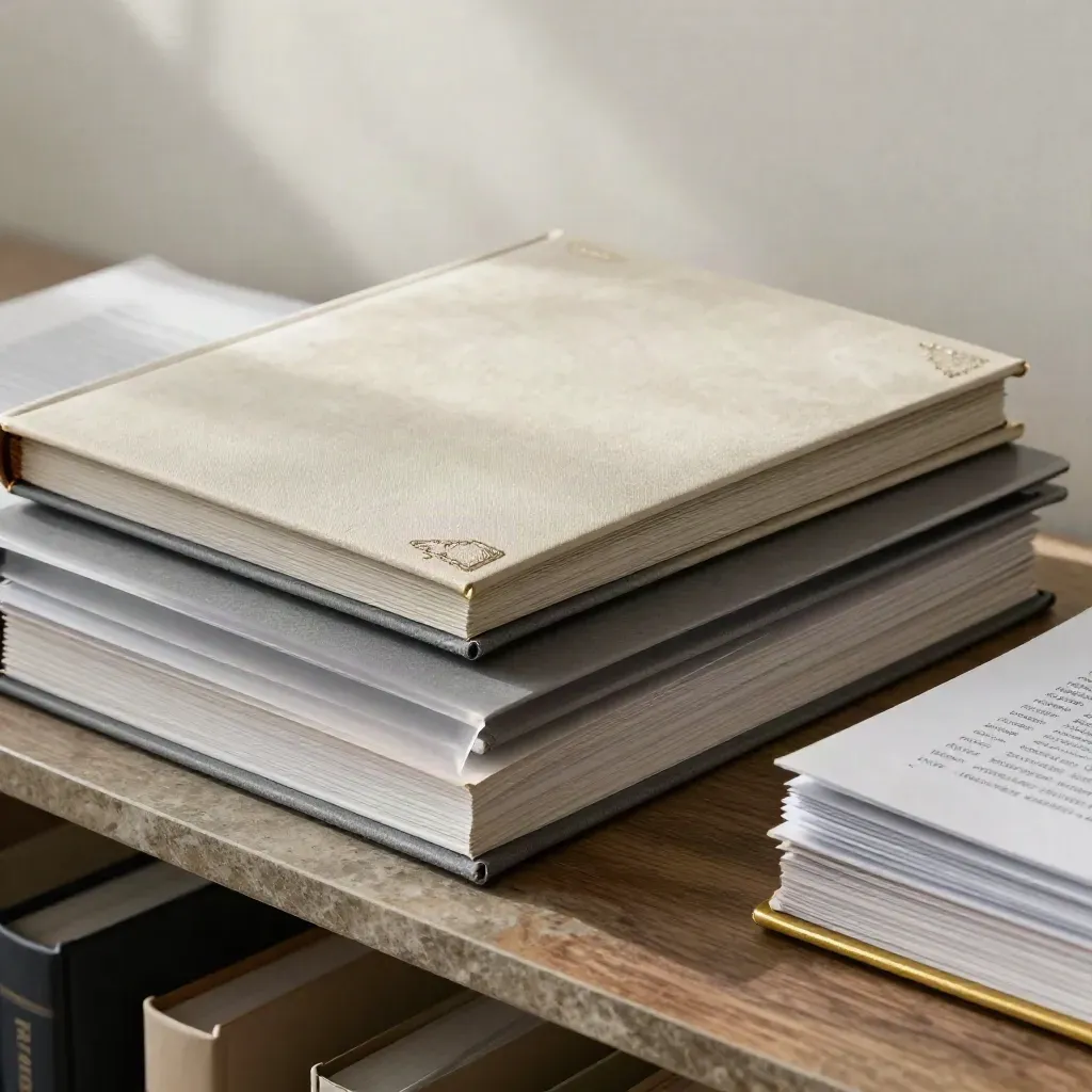 Close-up van dossiers, waarderingsmappen en sample cases op lichte studiorekken.