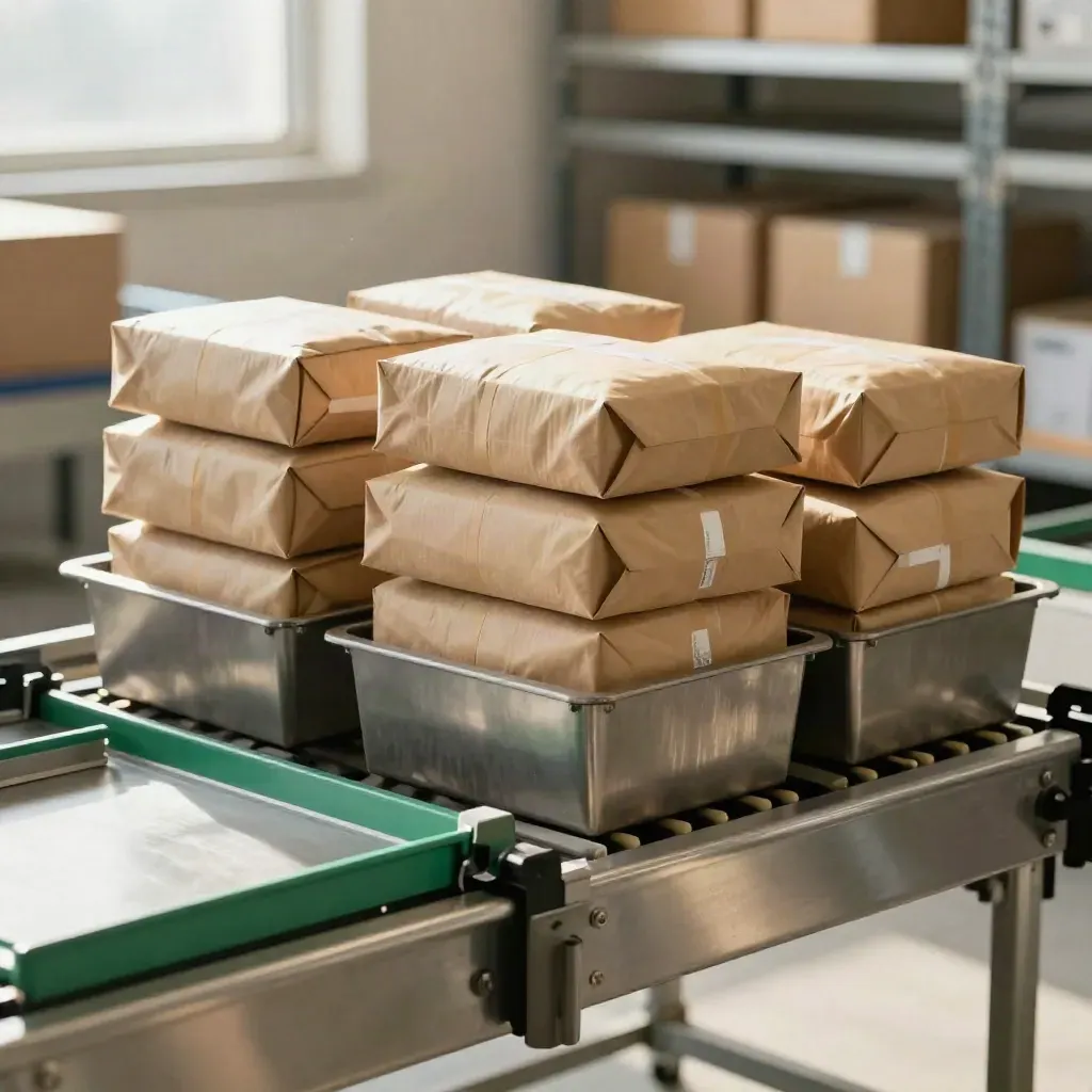 Fulfilmentstation met verzegelde pakketten, sorteertotes en lopende band in warm licht.