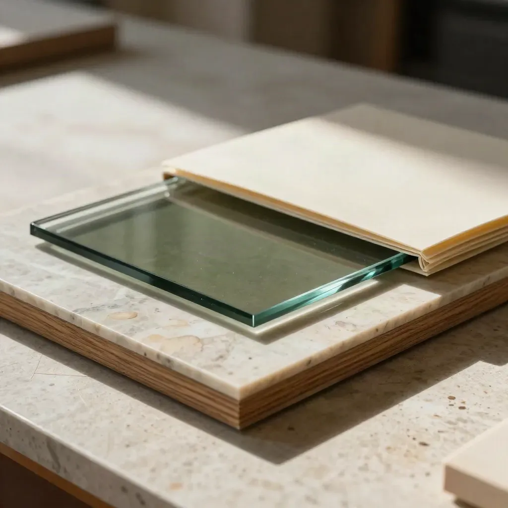 Close-up van hout-, steen- en glasstalen met een verzegelde crèmekleurige sleeve.