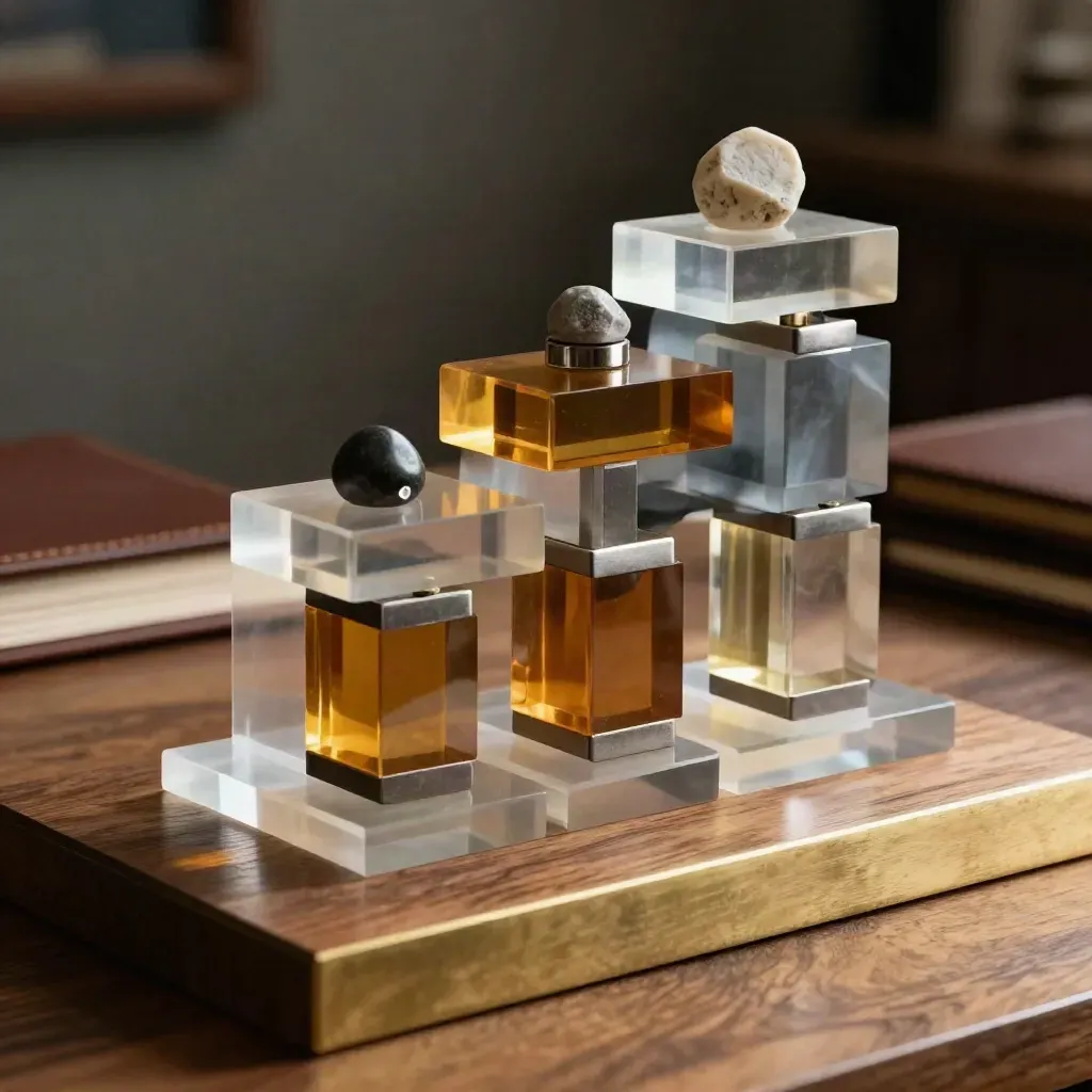 Kapitaalstructuurmodel met acrylblokken, metalen spacers en stenen paperweight op walnotenhout.