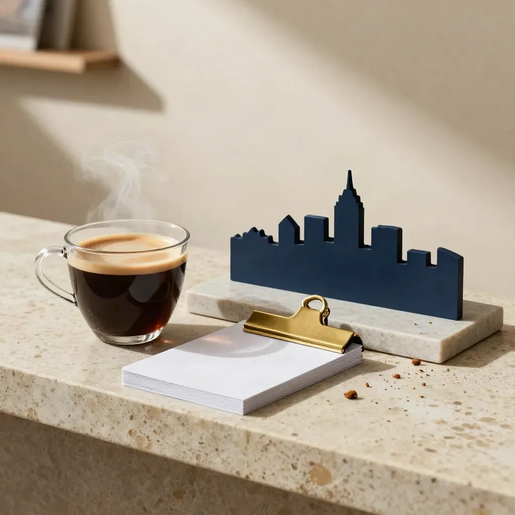 Espressokop met kaartjes, messing klem en blauw skyline-model op stenen tray.