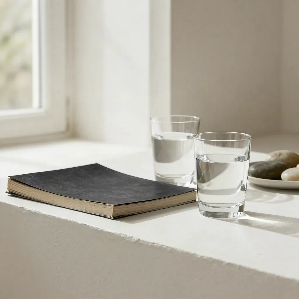 Twee waterglazen, een gesloten donker mapje en gepolijste stenen op een lichte pleistervloer.