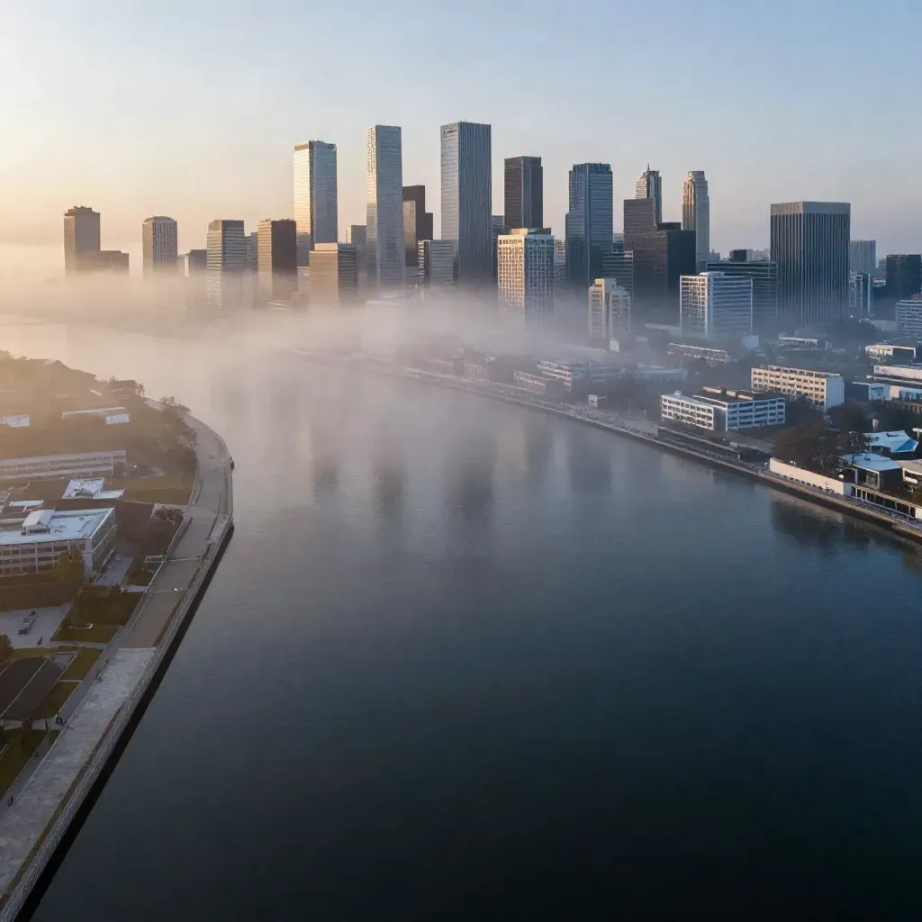 Randstad-skyline in ochtendmist boven rustig water, met zacht warm licht.