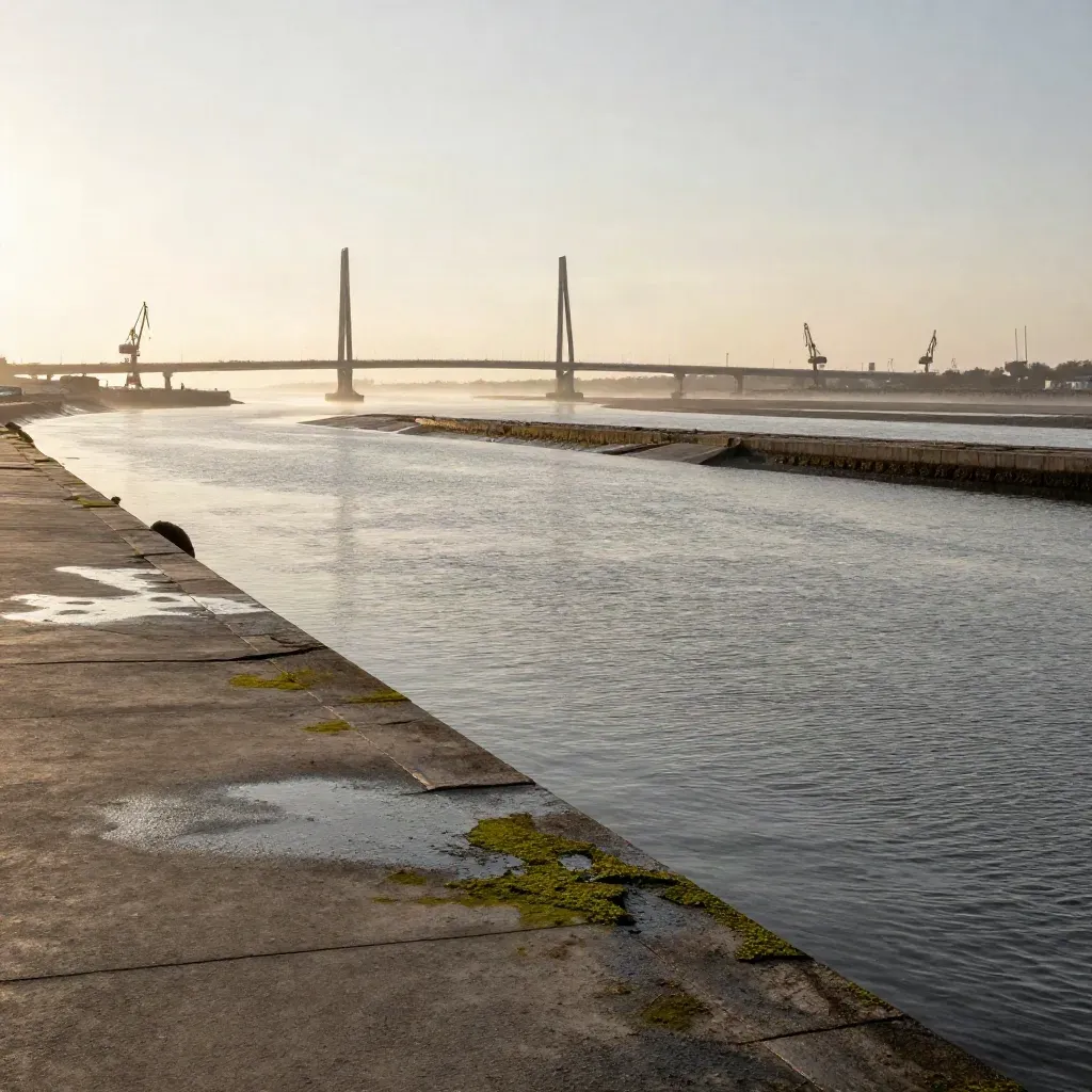 Mistige havenrand van Zuid-Holland met brugsilhouetten en rustig water in warm avondlicht.