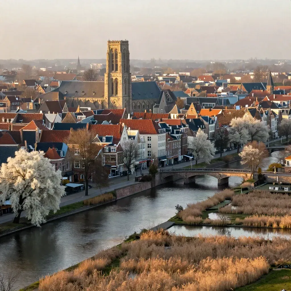 Domtoren boven mistige Utrechtse grachten en polderlicht